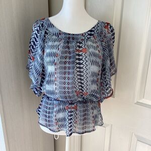 Dolled Up Aztec Pattern Blouse - Lt. Blue/Navy  with Coral accent Sz S